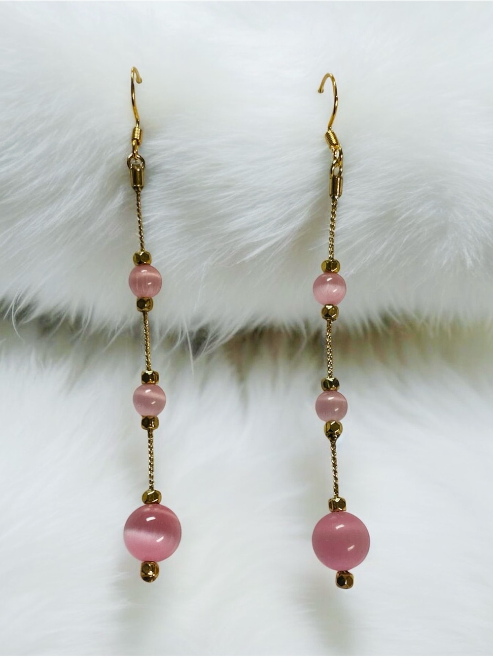 Gold Drop Earrings with Pink Cat Eye Glass Beads